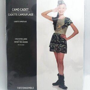 NEW GIRL'S CAMO CADET COSTUME XL DRESS & HAT HEADBAND ARMY MILITARY COSPLAY